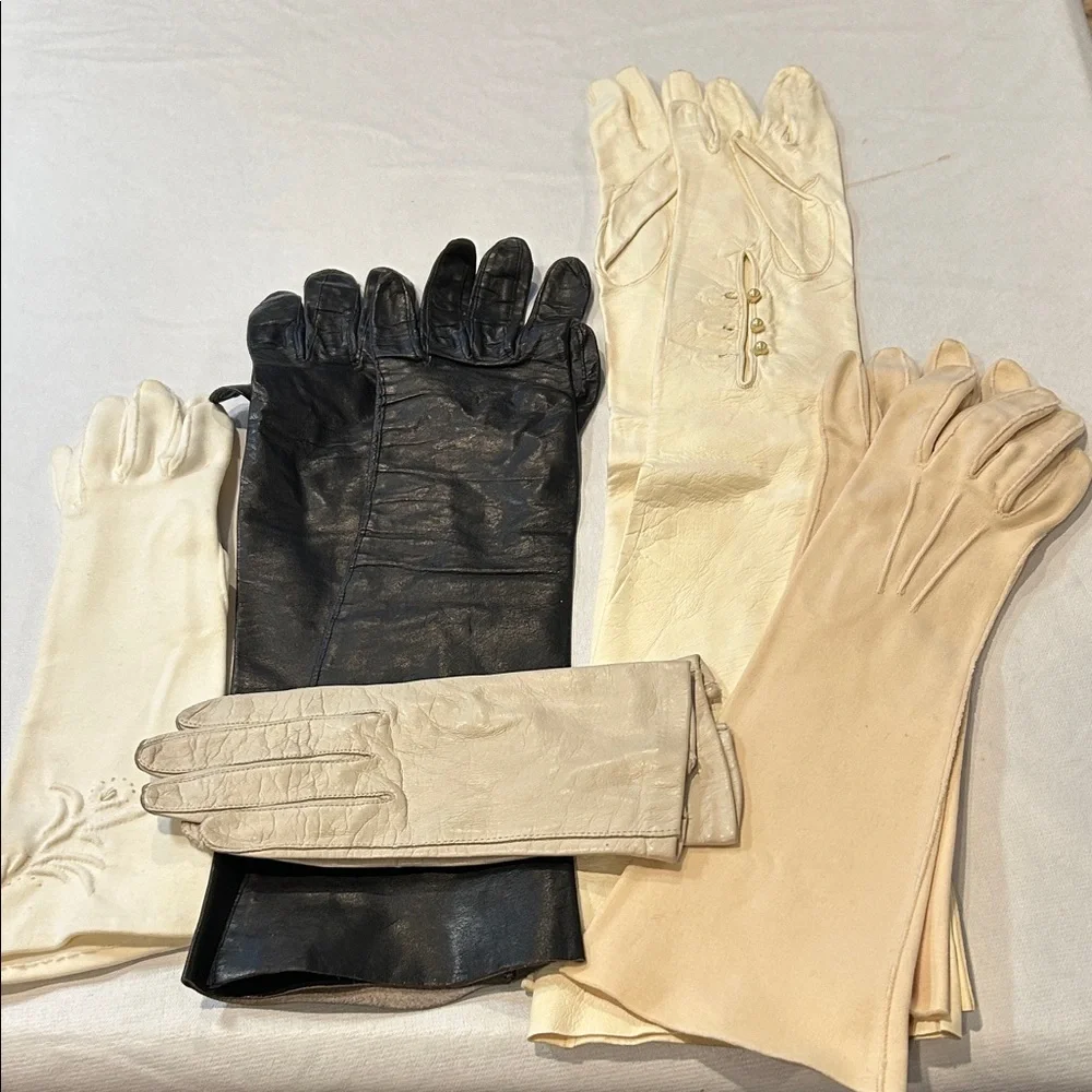 Vintage Leather and Fabric Gloves Set of 5 size is 6 1/2 to 7 1/2